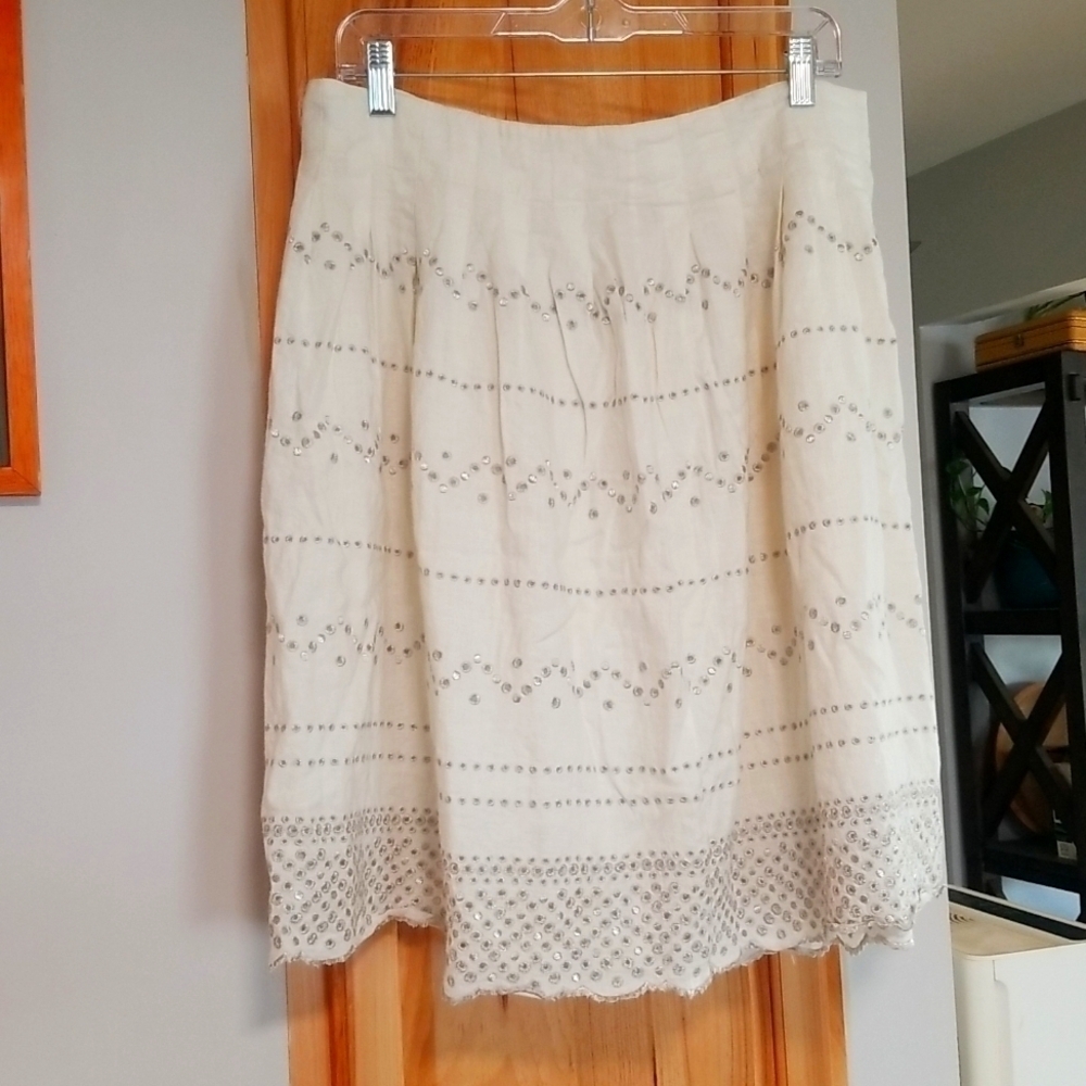 Linen A Line Skirt Robin Howe Size 12 Womens Silver Thread Detail On Cream